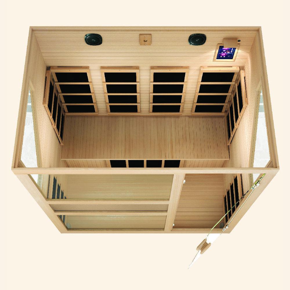 JNH LifeStyles Ensi 4 Person Infrared Sauna featuring premium sound systems and a digital control panel.