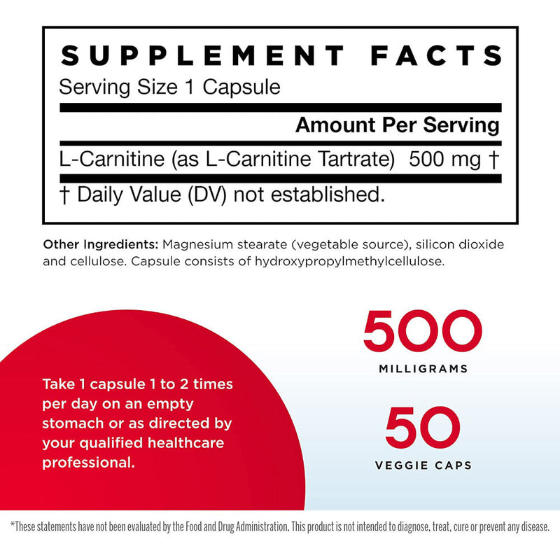 Jarrow Formulas L-Carnitine Tartrate 500 mg 50 Count - Supplement Facts.