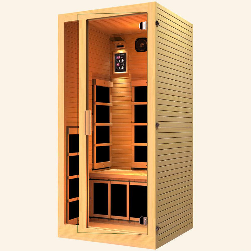 JNH LifeStyles Joyous 1 Person Infrared Sauna made out of 100% Canadian Hemlock Wood.