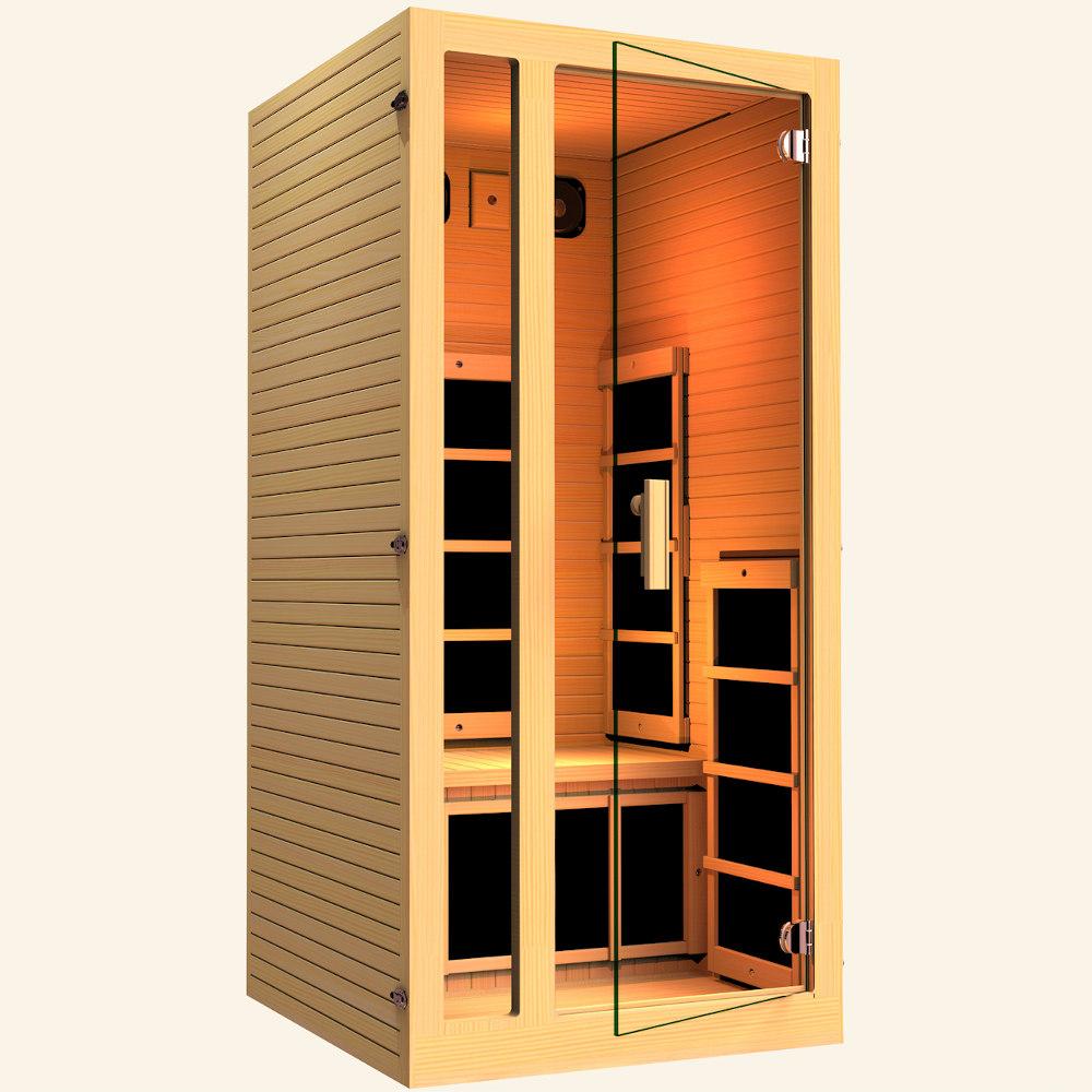 JNH LifeStyles Joyous 1 Person Infrared Sauna with a glass see-through door.