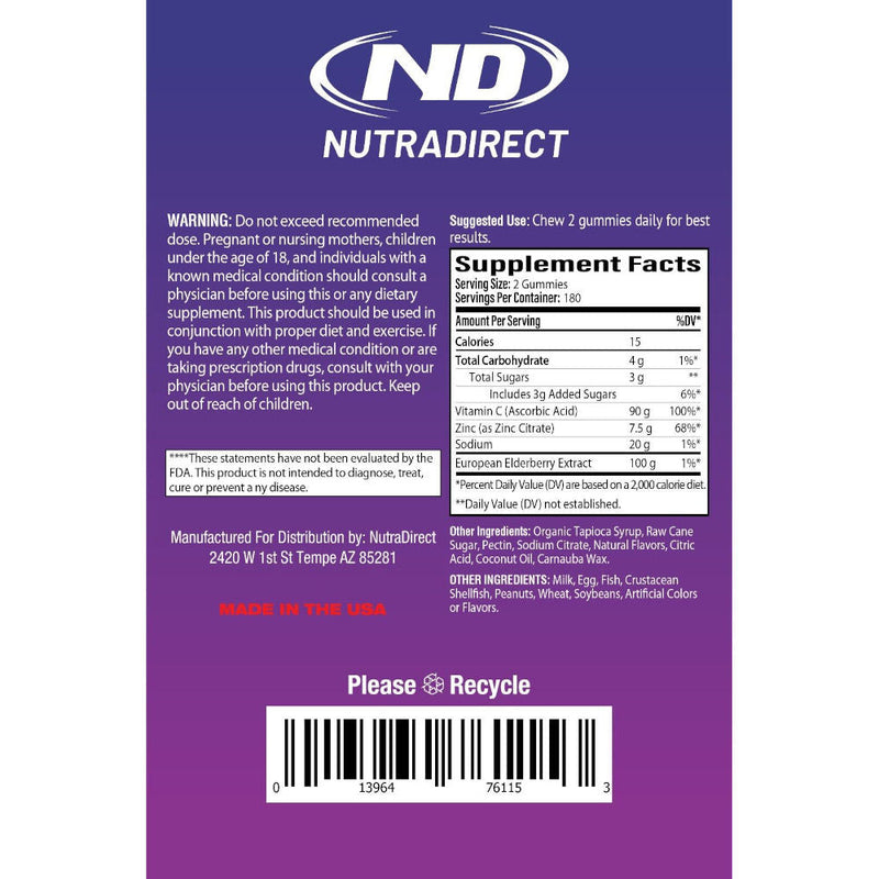 NutraDirect Elderberry Gummies 100mg + Vitamin C & Zinc - Supplement Facts.