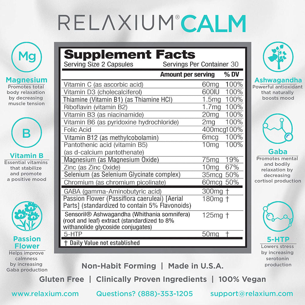 Relaxium Calm Non-Habit Forming Stress Relief 60 Vegan Caps - Supplement Facts.