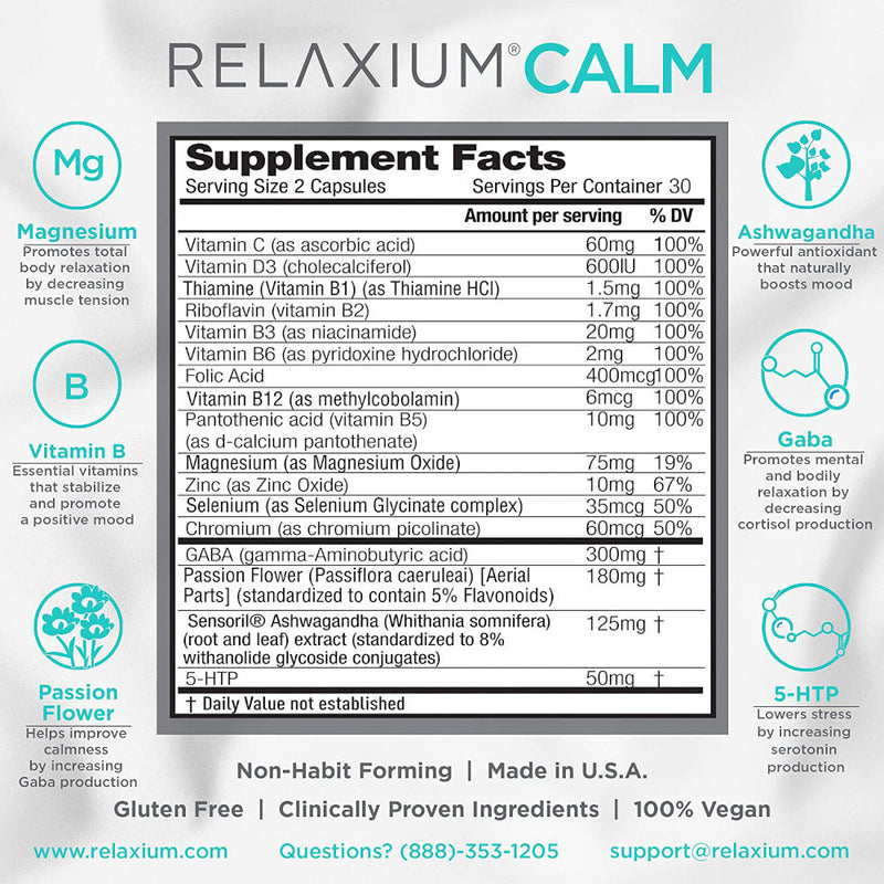 Relaxium Calm Non-Habit Forming Stress Relief 60 Vegan Caps - Supplement Facts.
