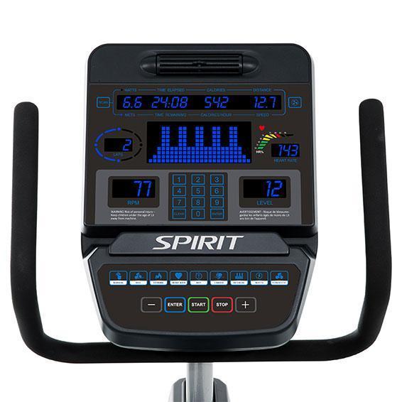 Spirit Fitness CR900 Commercial Recumbent Bike display shown with handles.