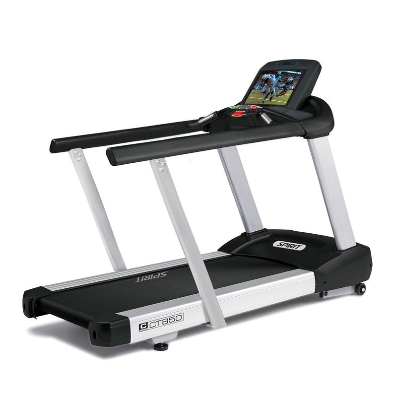 Spirit Fitness CT850ENT Touchscreen Treadmill with medical handrails.