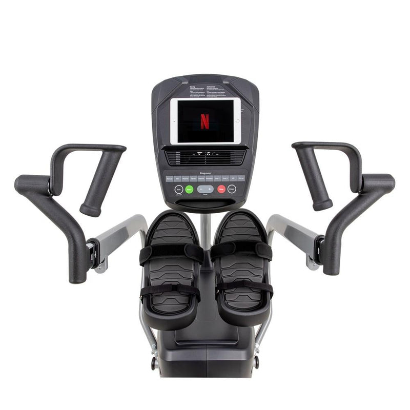 Spirit Fitness MS300 Recumbent Stepper shown with Tablet streaming Netflix.