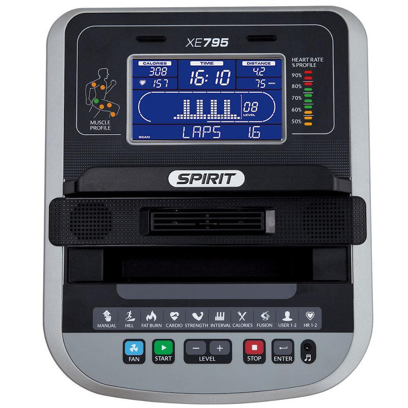 Spirit Fitness XE795 Elliptical Trainer console.