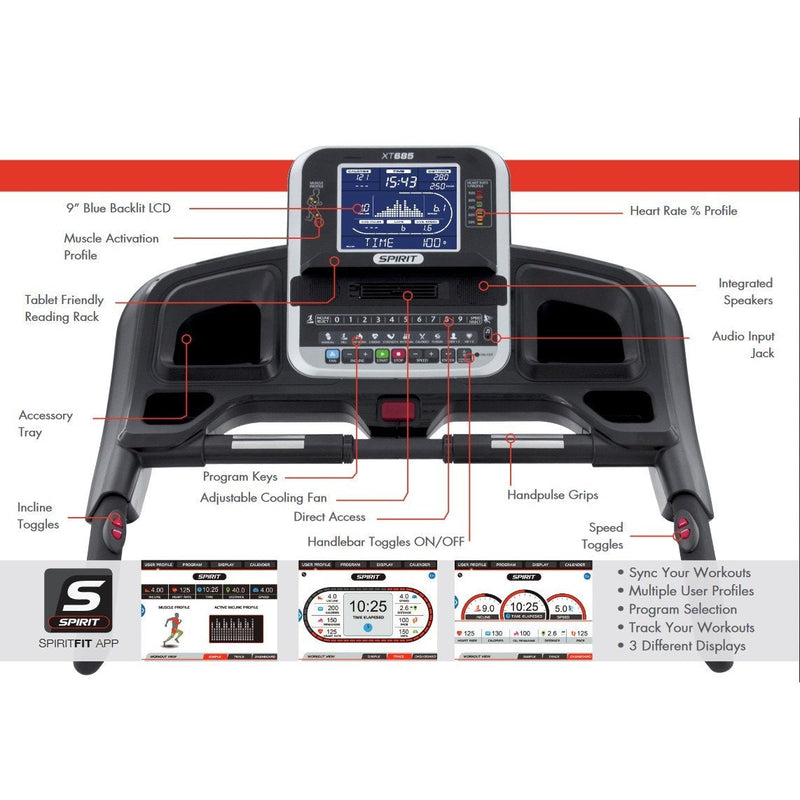 Spirit Fitness XT685 Treadmill console features and specifications.
