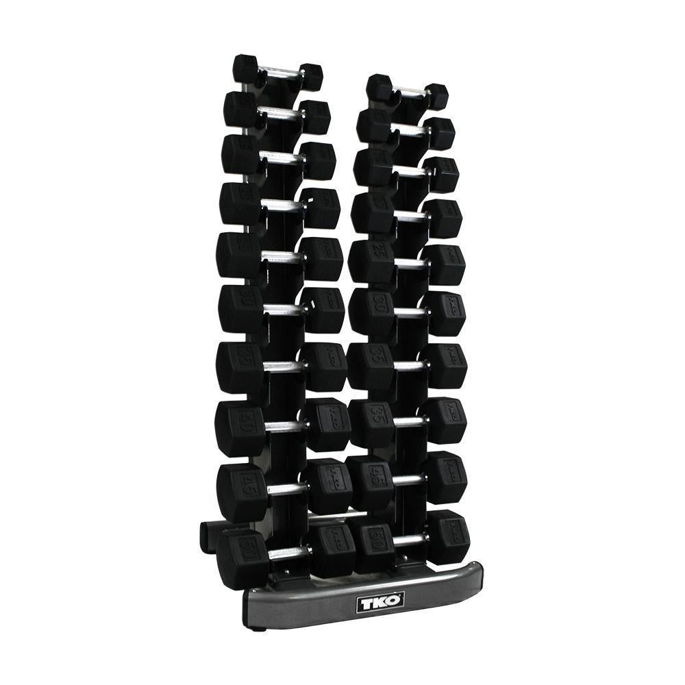 TKO 10 Pair Vertical Dumbbell Rack shown with TKO Rubber Dumbbells.