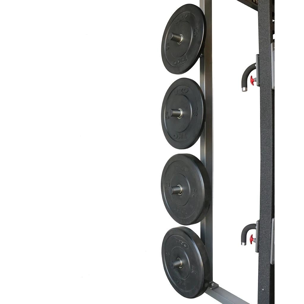 TKO 921HR Elite Half Rack olympic weight plate horns shown with bumper plates.
