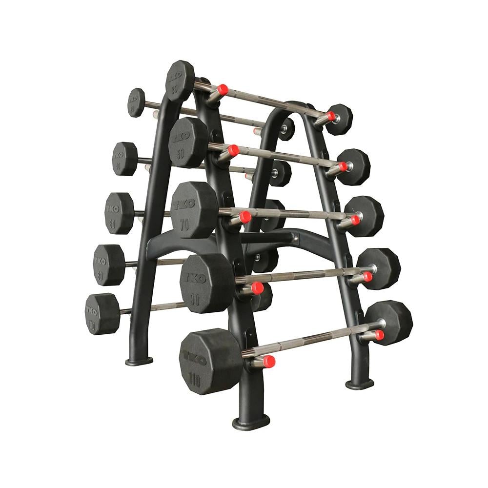 TKO Fixed Barbell Rack shown with a full set of TKO Rubber Barbells from 20 to 110lbs.