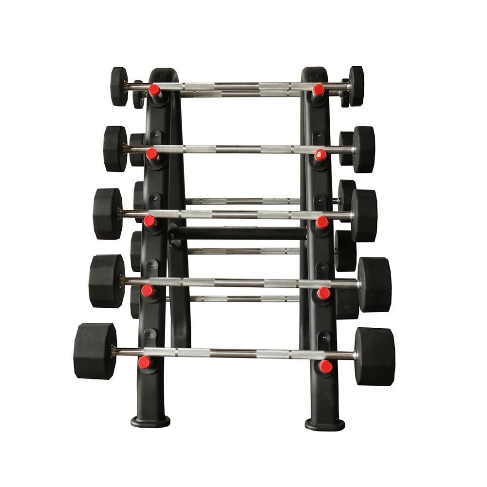 TKO Fixed Barbell Rack shown set of TKO Rubber Barbells from 20 to 110lbs.