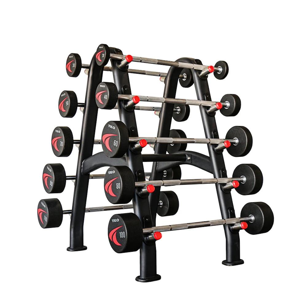 TKO Fixed Barbell Rack shown with a full set of TKO Urethane Barbells from 20 to 110lbs.