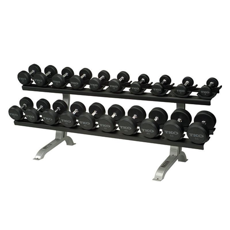 TKO Commercial Round Rubber Dumbbells shown on TKO Pro-Style Dumbbell Rack.