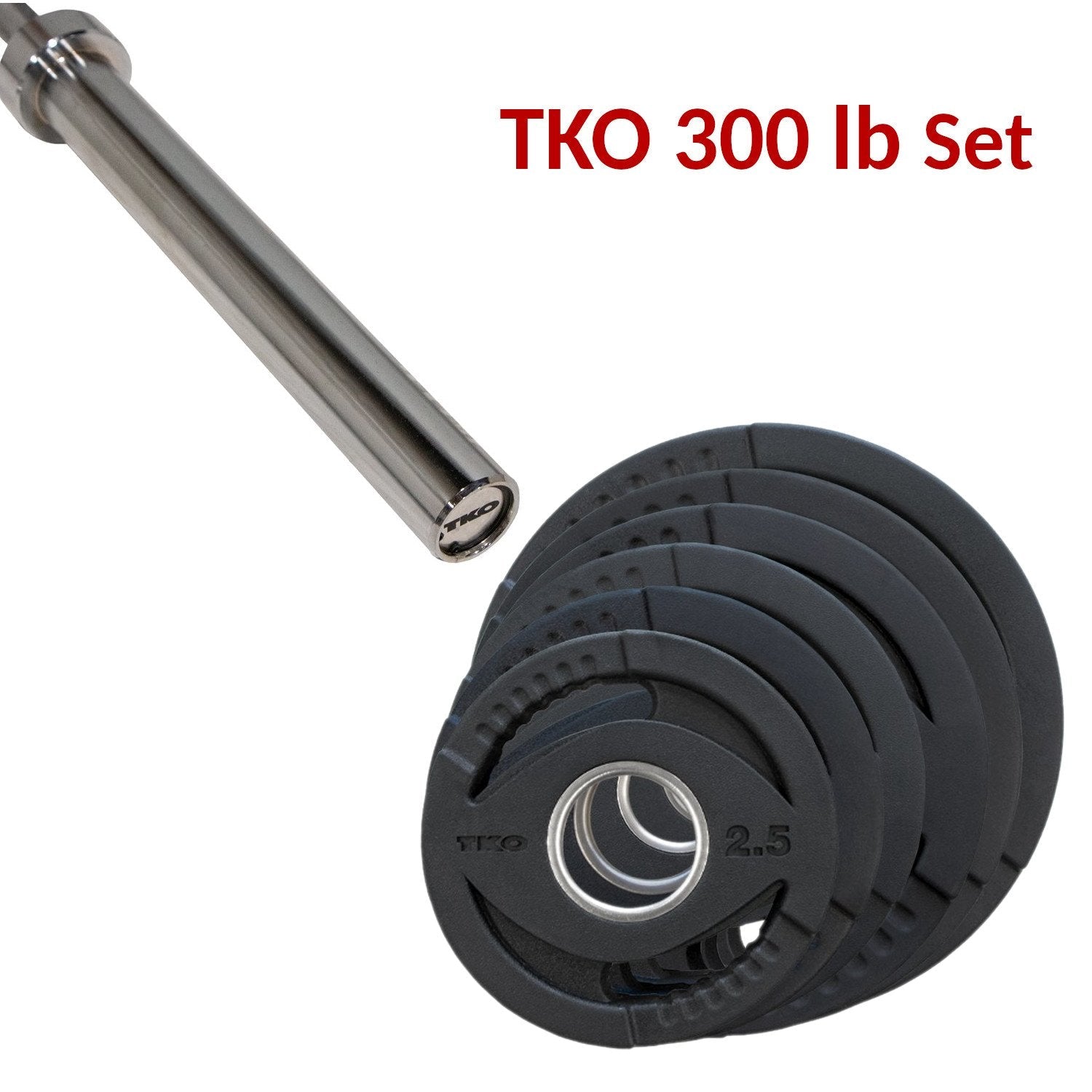 TKO 300 lb Olympic Rubber Plate Set Combo with TKO Olympic Bar.