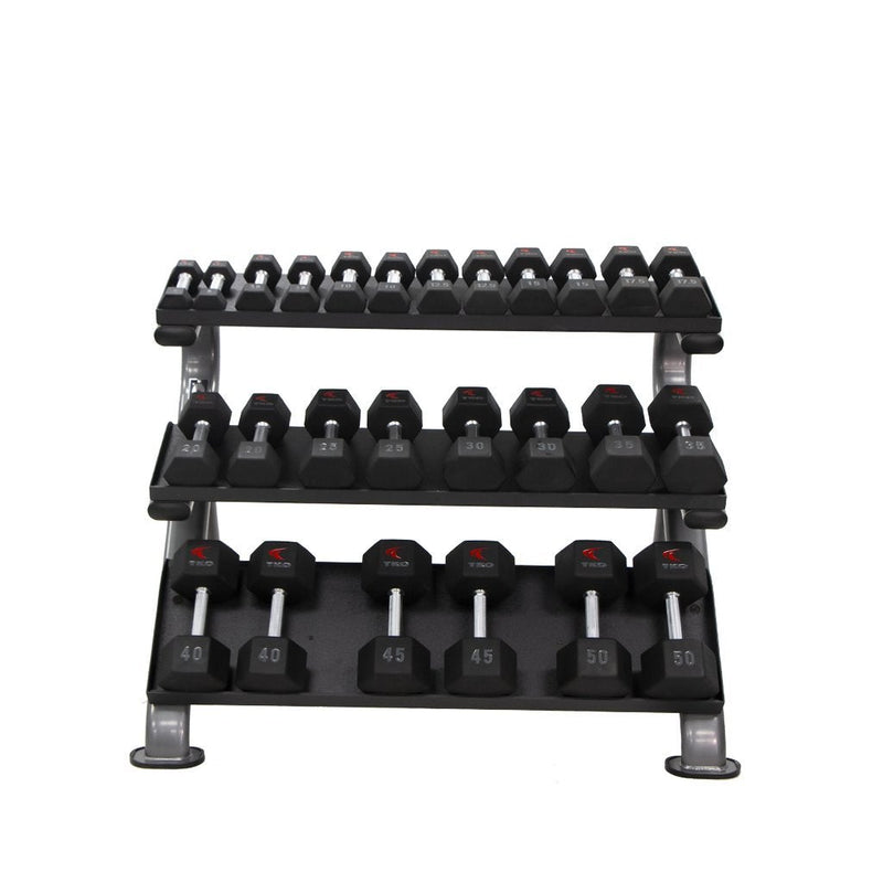 TKO 890HDR 3-Tier Horizontal Dumbbell Rack with 5-50 lb dumbbells.