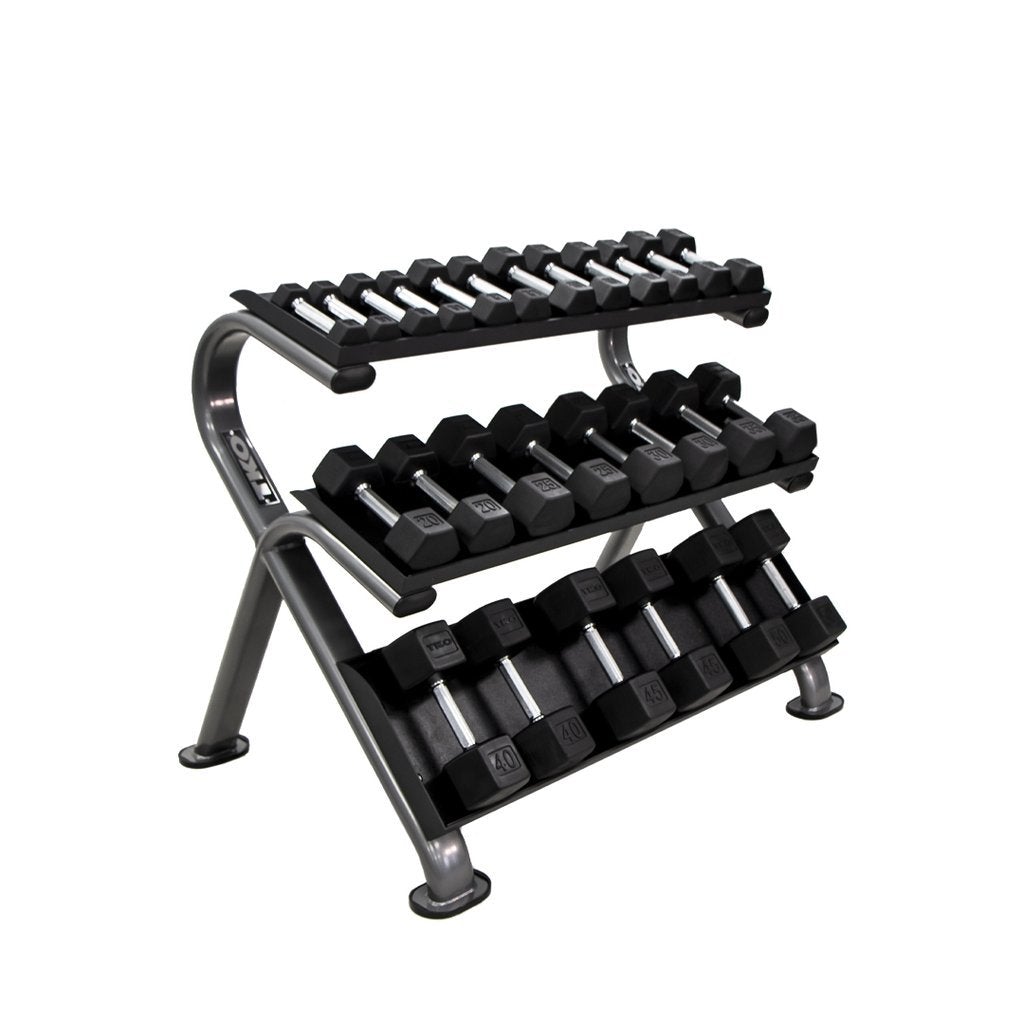 TKO 890HDR 3-Tier Horizontal Dumbbell Rack with dumbbells alternate view.