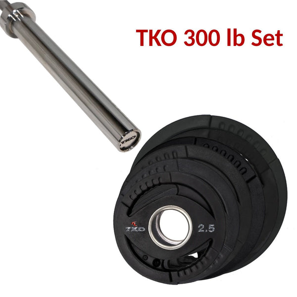 TKO 300 lb Olympic Urethane Plate Set Combo with TKO Olympic Bar.