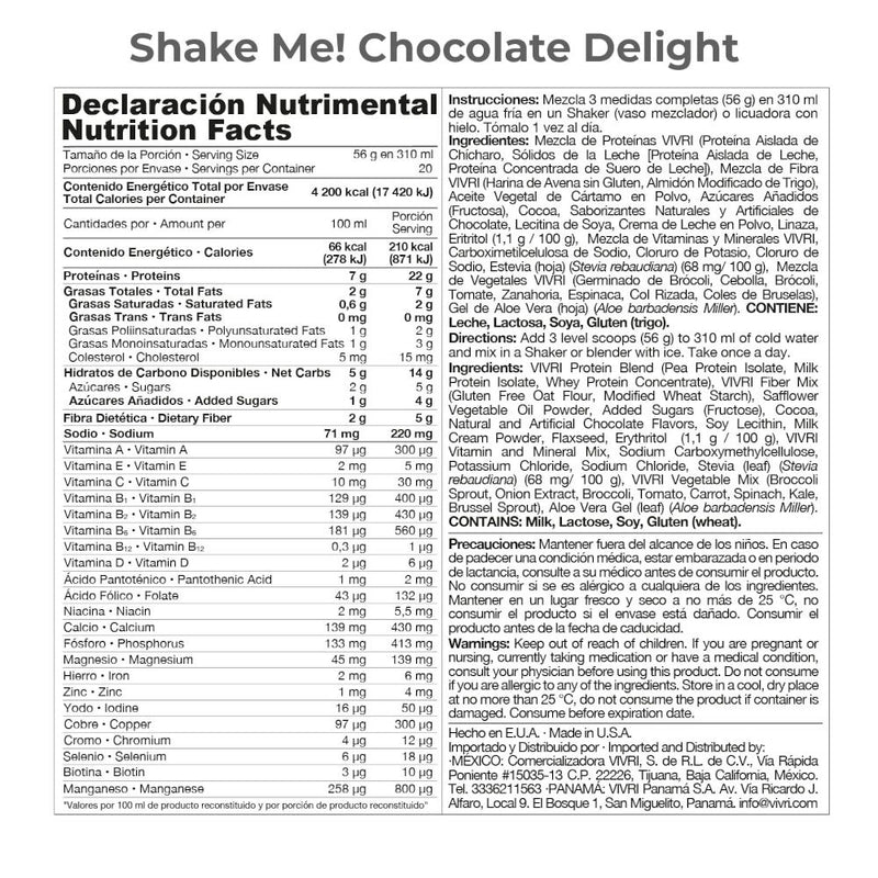 Vivri Essential Nutrition Meal Replacement Chocolate Delight 39.5 oz - Supplement Facts.